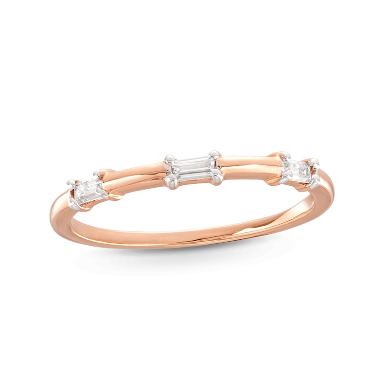 Main Image 1 of 1/10 CT. T.W. Baguette Diamond Three Stone Anniversary Band in 10K Rose Gold