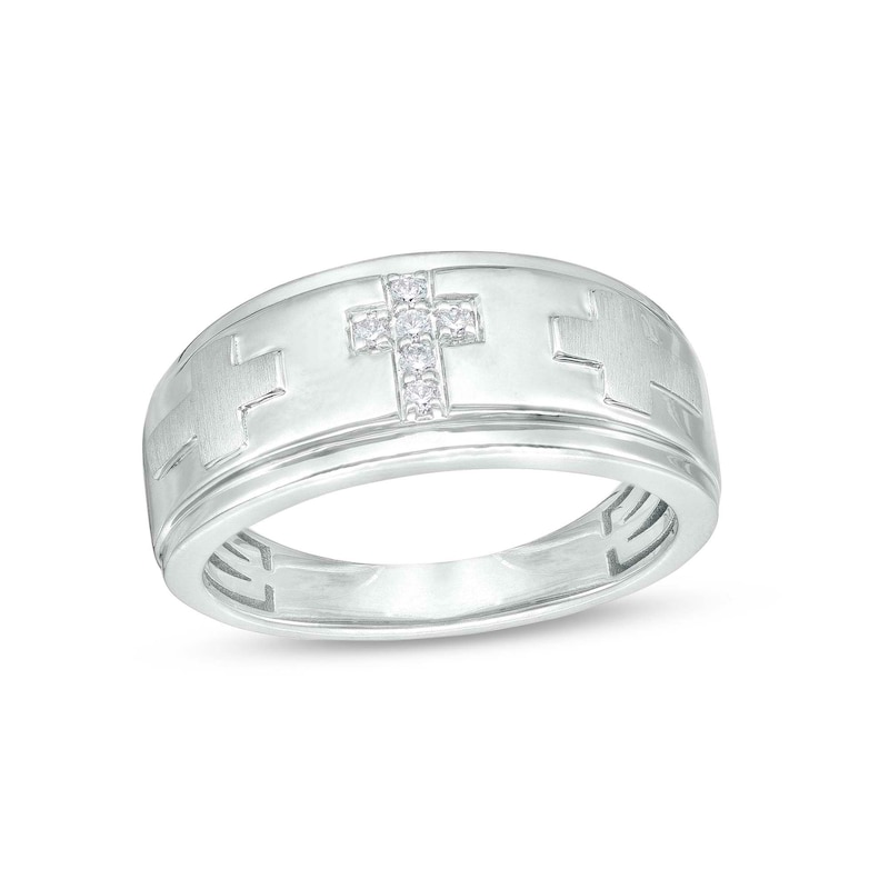 Main Image 1 of Men's 1/15 CT. T.W. Diamond Trio Cross Ring in 10K White Gold