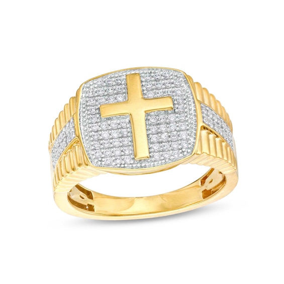 1/2 CT. T.w. Cushion-Shaped Multi-Diamond Stepped Shank Cross Ring in 10K Gold
