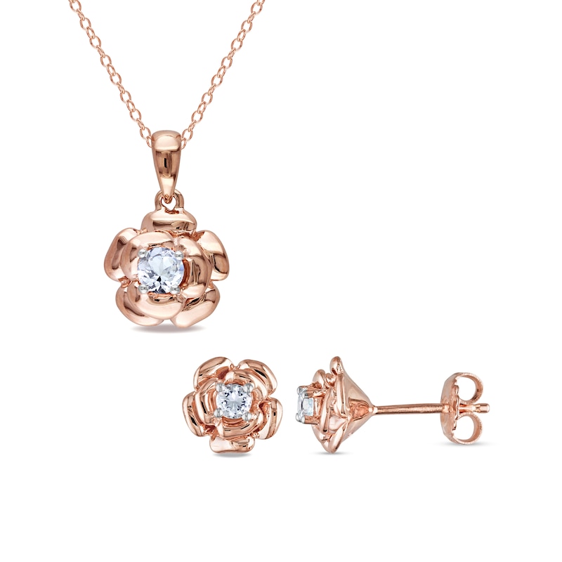 Main Image 1 of White Lab-Created Sapphire Solitaire Rose Pendant and Stud Earrings Set in Sterling Silver with 18K Rose Gold Plate