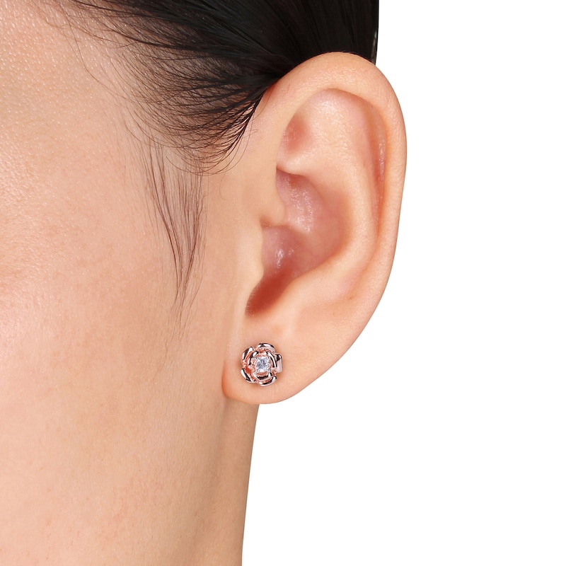 Main Image 2 of White Lab-Created Sapphire Solitaire Rose Pendant and Stud Earrings Set in Sterling Silver with 18K Rose Gold Plate