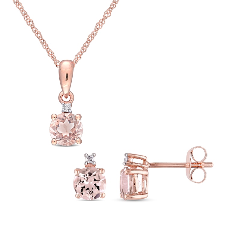 Main Image 1 of 5.0mm Morganite and Diamond Accent Stacked Pendant and Stud Earrings Set in 10K Rose Gold - 17"