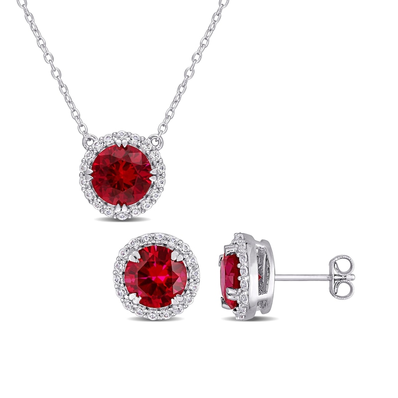 Main Image 1 of 8.0mm Lab-Created Ruby and White Lab-Created Sapphire Frame Pendant and Stud Earrings Set in Sterling Silver