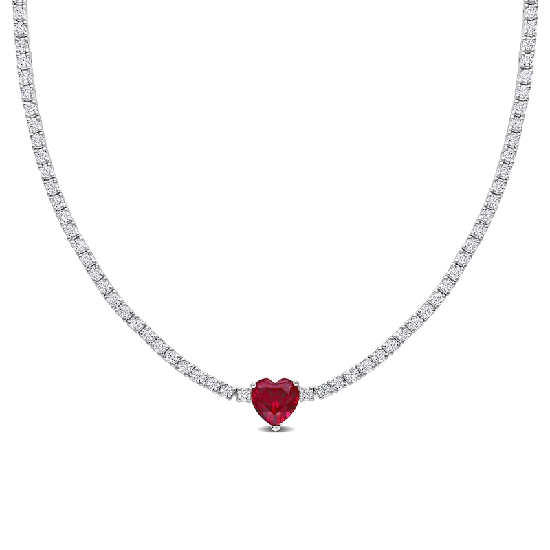 Main Image 1 of 10.0mm Heart-Shaped Lab-Created Ruby and White Lab-Created Sapphire Necklace in Sterling Silver – 15"