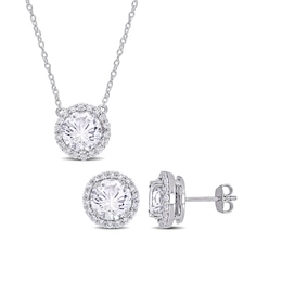 8.0mm White Lab-Created Sapphire Frame Pendant and Stud Earrings Set in Sterling Silver