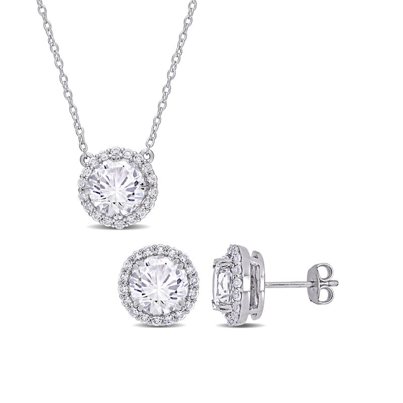 Main Image 1 of 8.0mm White Lab-Created Sapphire Frame Pendant and Stud Earrings Set in Sterling Silver