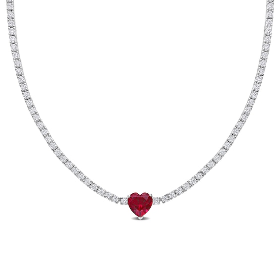 10.0mm Heart-Shaped Lab-Created Ruby and White Lab-Created Sapphire Necklace in Sterling Silver â 15"