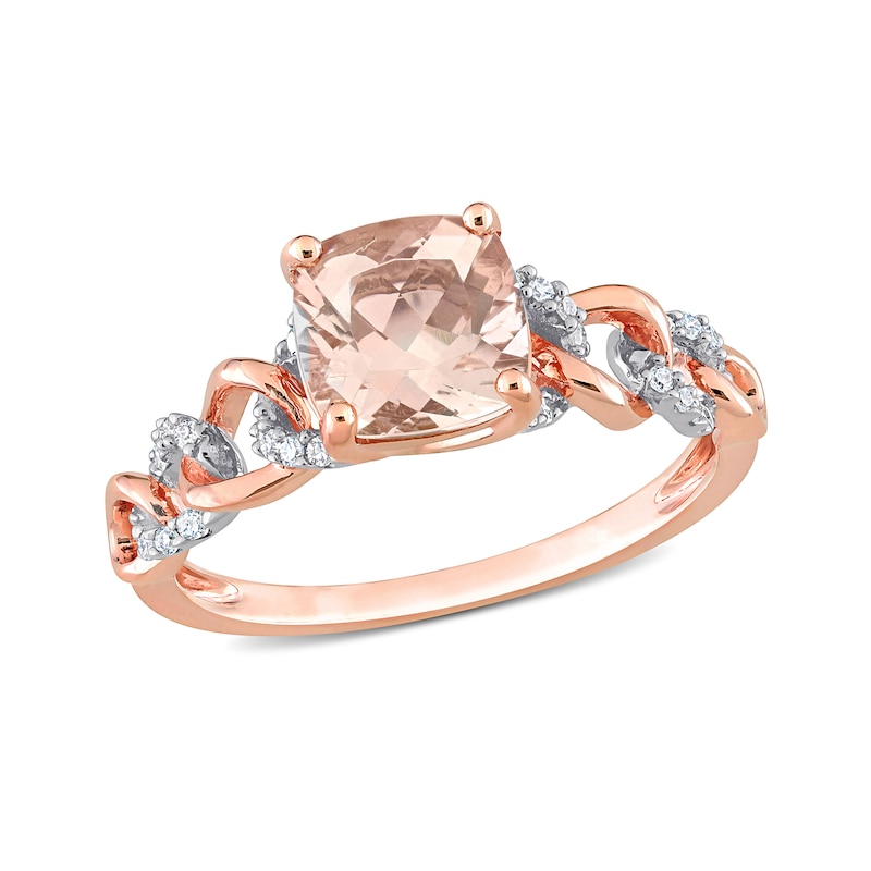 7.0mm Cushion-Cut Morganite and 1/10 CT. T.W. Diamond Chain Link Shank Ring in 10K Rose Gold