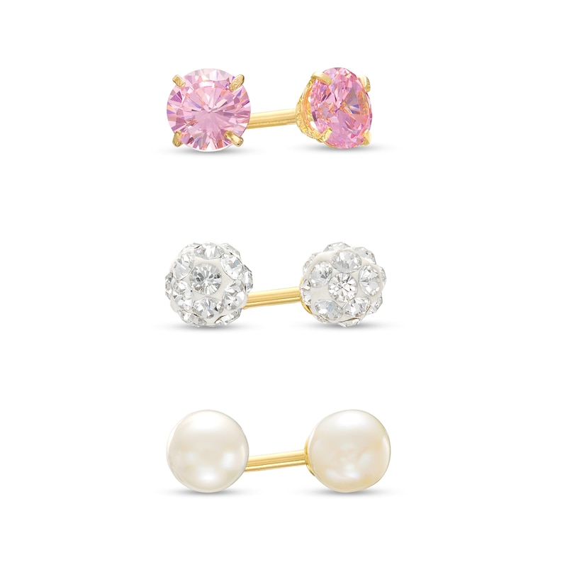 Child's 4.0mm Cultured Freshwater Pearl, Crystal and Pink Cubic Zirconia Stud Earrings Set in 14K Gold