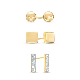 Bar, Square-Shaped and Ball Stud Earrings Set in 14K Gold