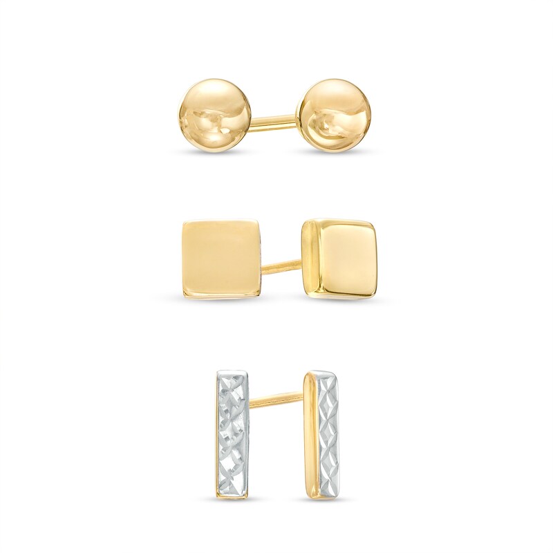 Main Image 1 of Bar, Square-Shaped and Ball Stud Earrings Set in 14K Gold