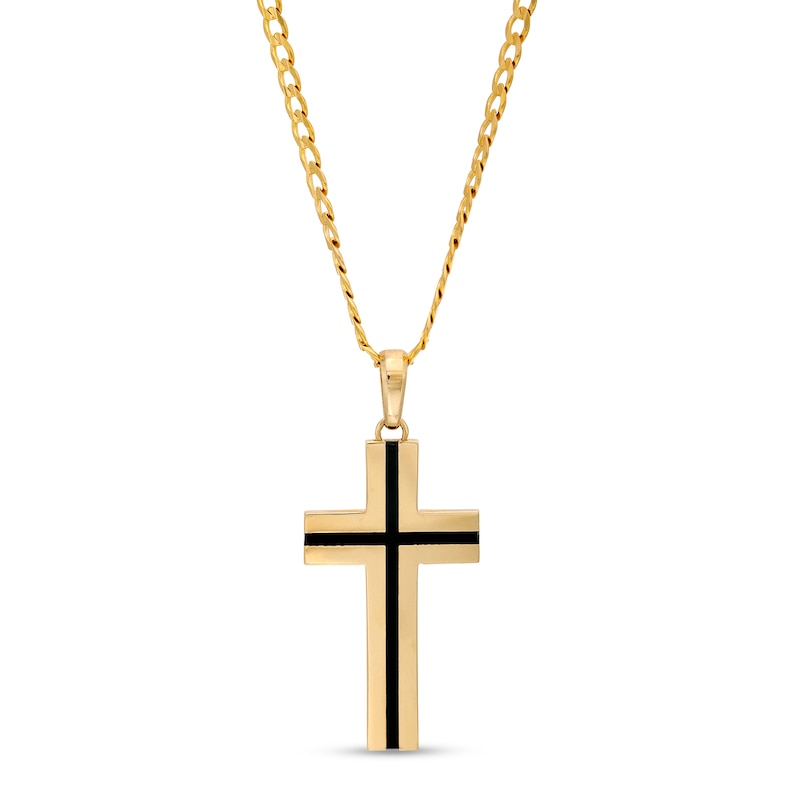 Men's Black Enamel Cross Pendant in 10K Gold – 22"