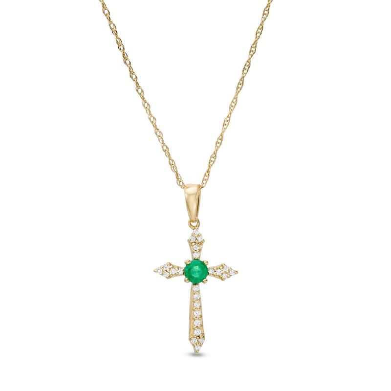 Main Image 1 of 3.0mm Emerald and 1/15 CT. T.W. Diamond Cross Pendant in 10K Gold