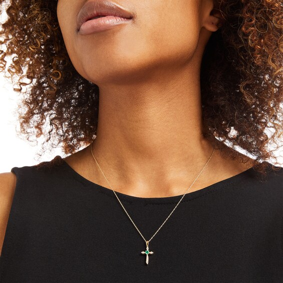3.0mm Emerald and 1/15 CT. T.w. Diamond Cross Pendant in 10K Gold