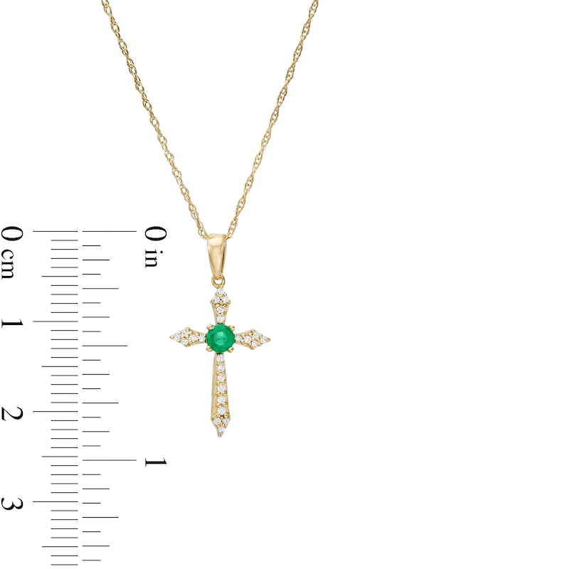 Main Image 3 of 3.0mm Emerald and 1/15 CT. T.W. Diamond Cross Pendant in 10K Gold