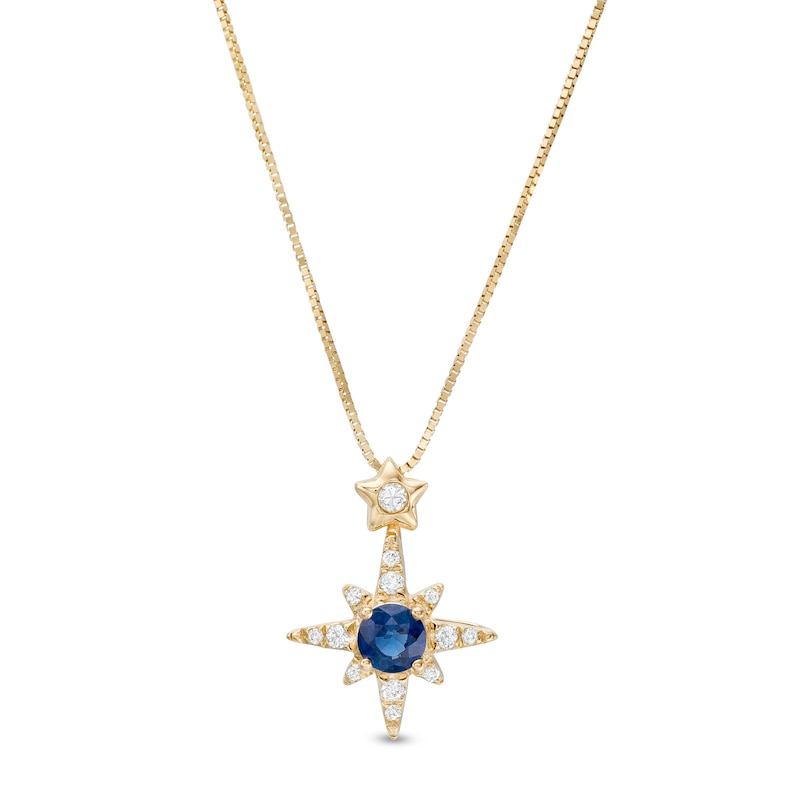 Main Image 1 of 4.0mm Blue Sapphire and 1/10 CT. T.W. Diamond Double Star Pendant in 10K Gold 