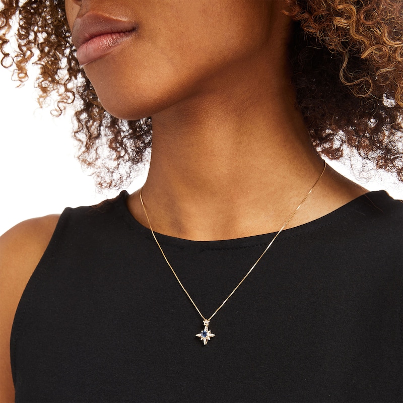 Main Image 2 of 4.0mm Blue Sapphire and 1/10 CT. T.W. Diamond Double Star Pendant in 10K Gold 