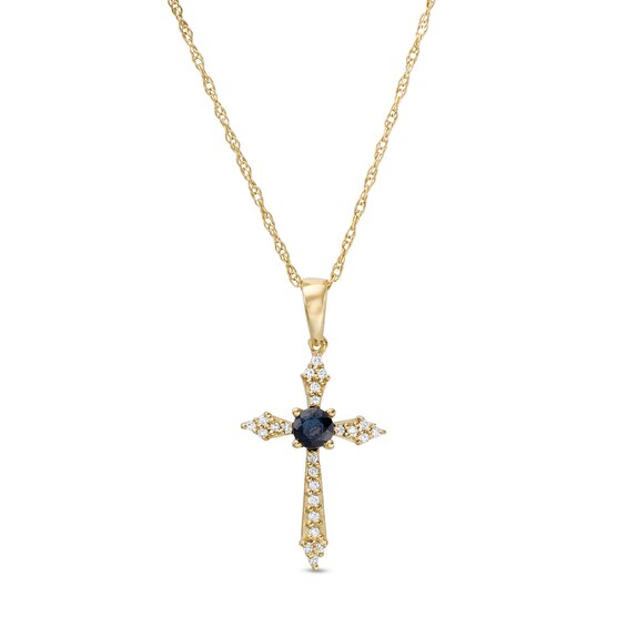 3.0mm Blue Sapphire and 1/15 CT. T.w. Diamond Cross Pendant in 10K Gold