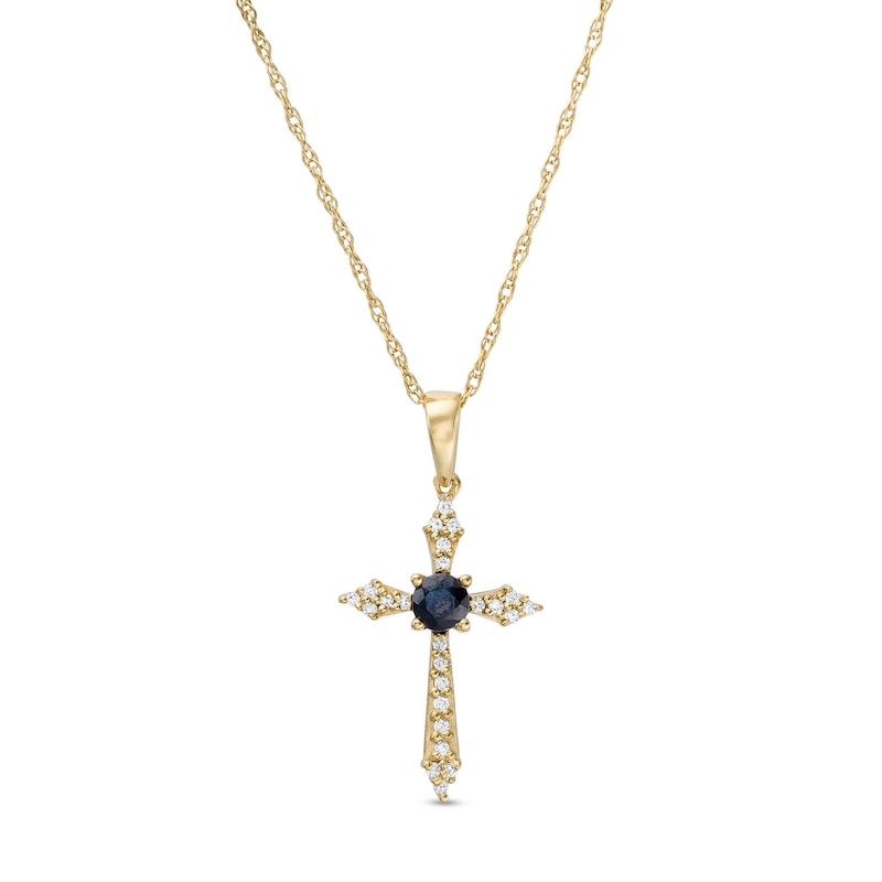 Main Image 1 of 3.0mm Blue Sapphire and 1/15 CT. T.W. Diamond Cross Pendant in 10K Gold