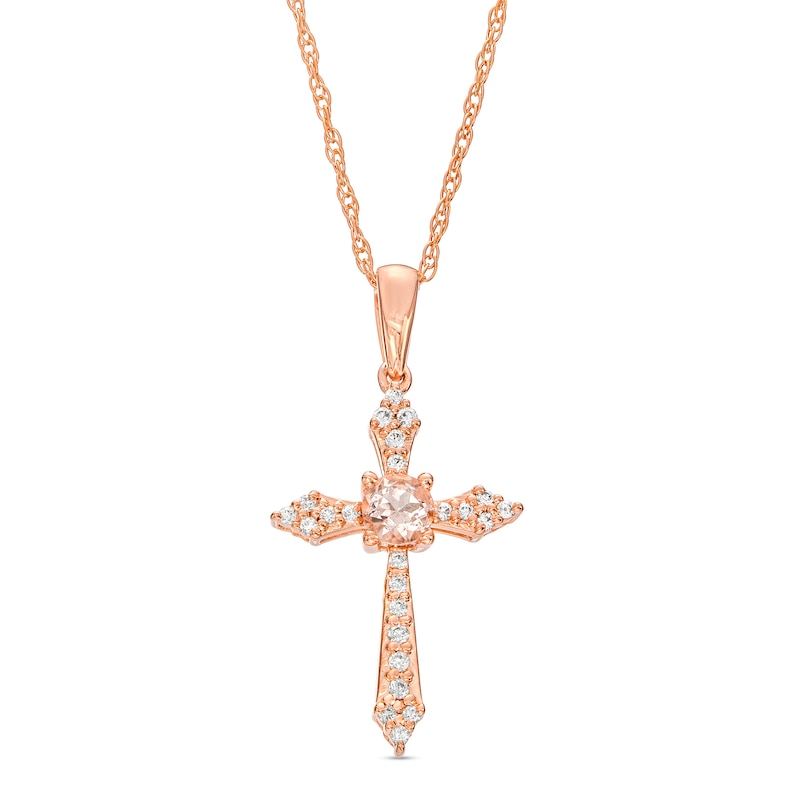 Main Image 1 of 3.0mm Morganite and 1/15 CT. T.W. Diamond Pointed Cross Pendant in 10K Rose Gold