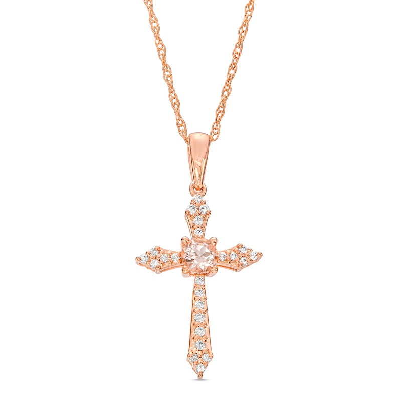 3.0mm Morganite and 1/15 CT. T.W. Diamond Pointed Cross Pendant in 10K Rose Gold