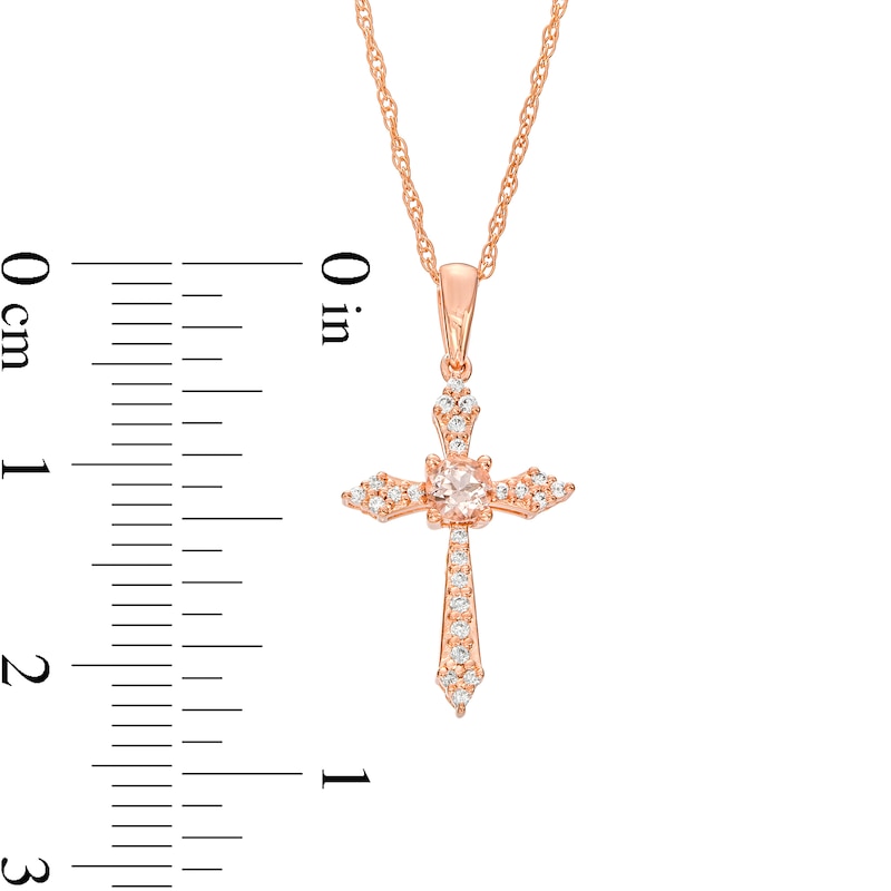 Main Image 3 of 3.0mm Morganite and 1/15 CT. T.W. Diamond Pointed Cross Pendant in 10K Rose Gold