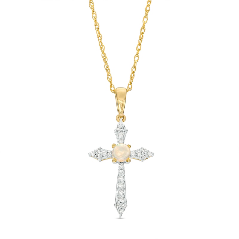 Main Image 1 of 3.0mm Opal and 1/15 CT. T.W. Diamond Pointed Cross Pendant in 10K Gold