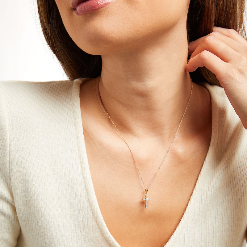 Main Image 2 of 3.0mm Opal and 1/15 CT. T.W. Diamond Pointed Cross Pendant in 10K Gold