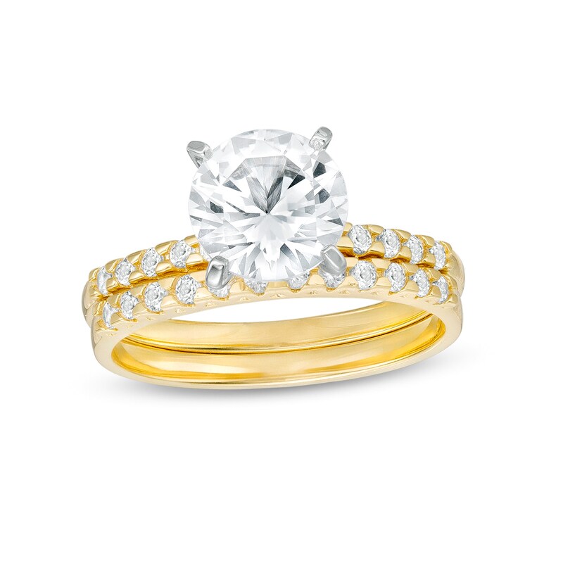 Main Image 1 of 8.0mm White Lab-Created Sapphire Bridal Set in Sterling Silver with 18K Gold Plate - Size 7