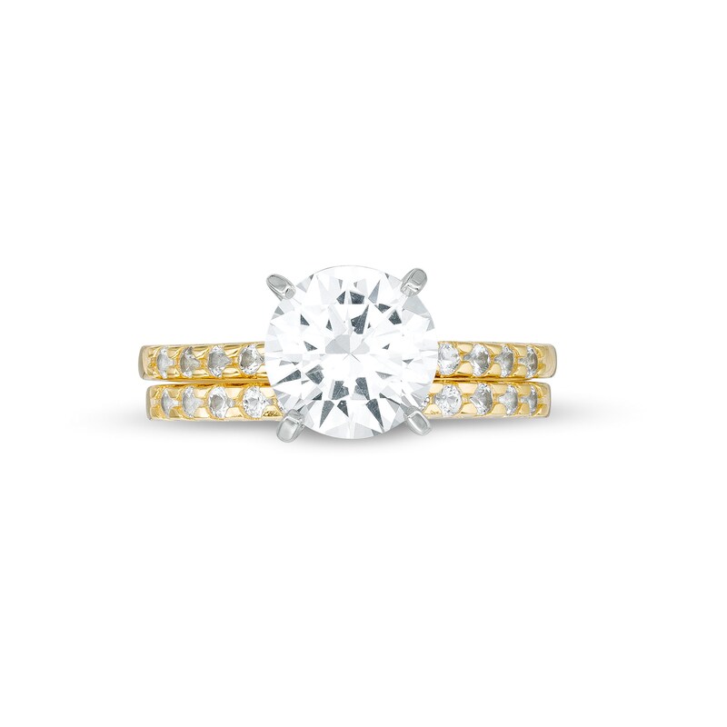 Main Image 4 of 8.0mm White Lab-Created Sapphire Bridal Set in Sterling Silver with 18K Gold Plate - Size 7