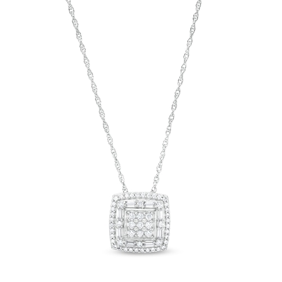 1/2 CT. T.w. Cushion-Shaped Multi-Diamond Double Frame Pendant in 10K White Gold