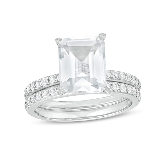 Emerald-Cut and Round White Lab-Created Sapphire Bridal Set in Sterling Silver