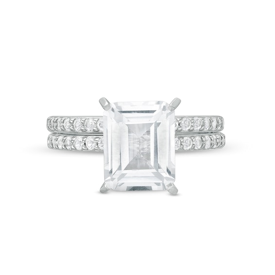 Emerald-Cut and Round White Lab-Created Sapphire Bridal Set in Sterling Silver