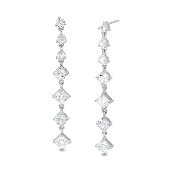 Princess-Cut and Round White Lab-Created Sapphire Alternating Drop Earrings in Sterling Silver