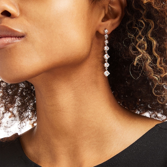 Princess-Cut and Round White Lab-Created Sapphire Alternating Drop Earrings in Sterling Silver