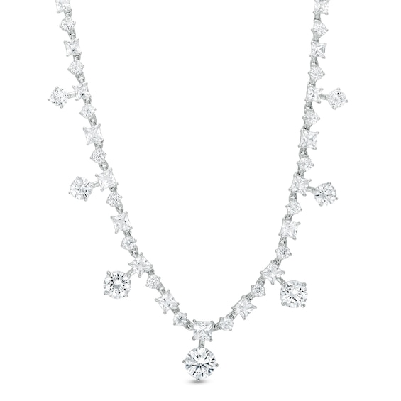 Princess-Cut and Round White Lab-Created Sapphire Graduated Station Necklace in Sterling Silver