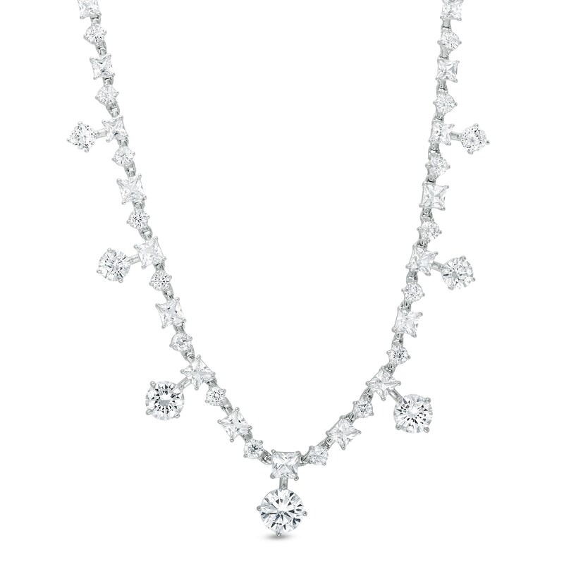 Main Image 1 of Princess-Cut and Round White Lab-Created Sapphire Graduated Station Necklace in Sterling Silver