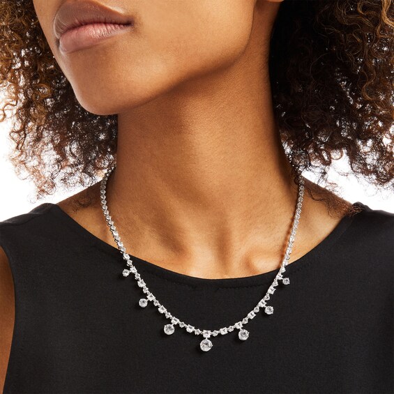 Princess-Cut and Round White Lab-Created Sapphire Graduated Station Necklace in Sterling Silver