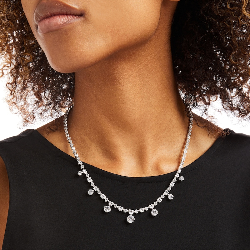 Main Image 2 of Princess-Cut and Round White Lab-Created Sapphire Graduated Station Necklace in Sterling Silver