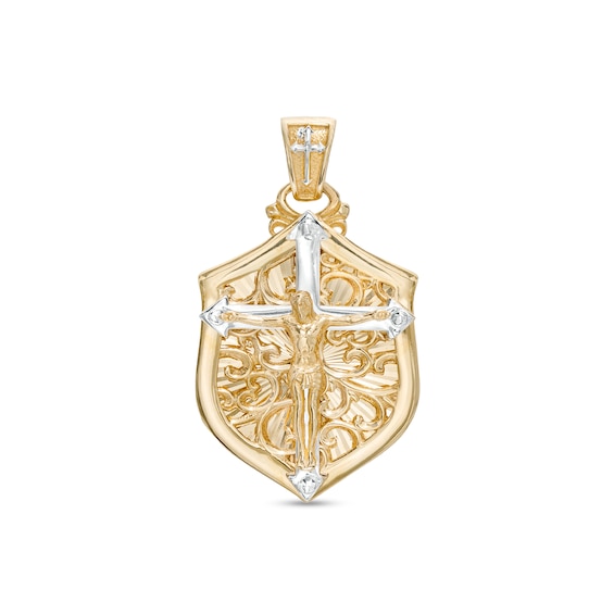 Crucifix Shield Necklace Charm in 10K Two-Tone Gold