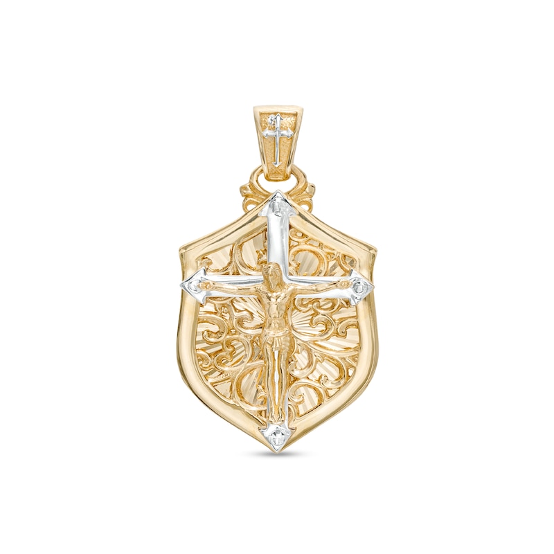 Main Image 1 of Men's Crucifix Shield Necklace Charm in 10K Two-Tone Gold