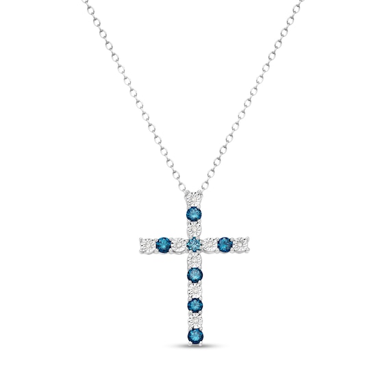 5/8 CT. T.w. Blue and White Diamond Alternating Cross Pendant in Sterling Silver - 16"
