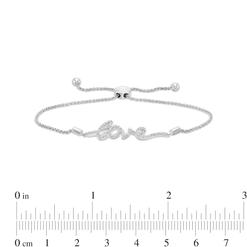 Main Image 3 of 1/5 CT. T.W. Diamond Cursive "love" Script Bolo Bracelet in Sterling Silver – 8.25"