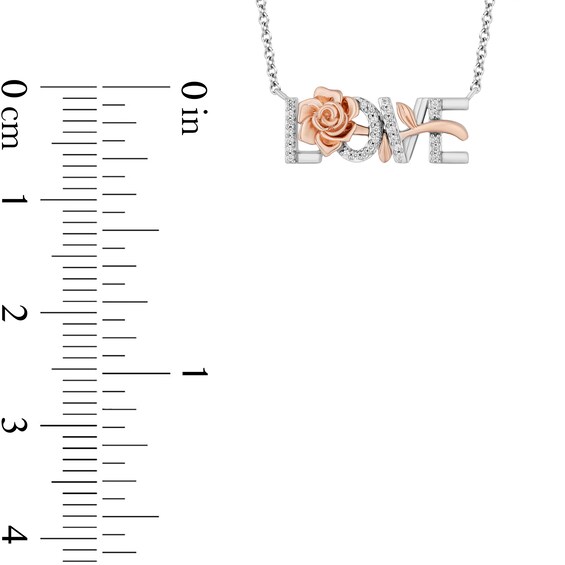 Enchanted Disney Belle 1/10 CT. T.w. Diamond "Love" Rose Necklace in Sterling Silver and 10K Rose Gold