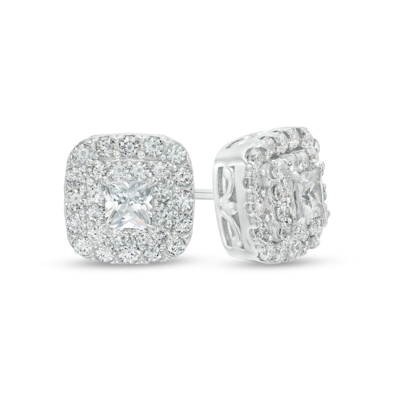 Main Image 1 of 1-1/2 CT. T.W. Certified Princess-Cut Lab-Grown Diamond Double Frame Stud Earrings in 14K White Gold (F/SI2)