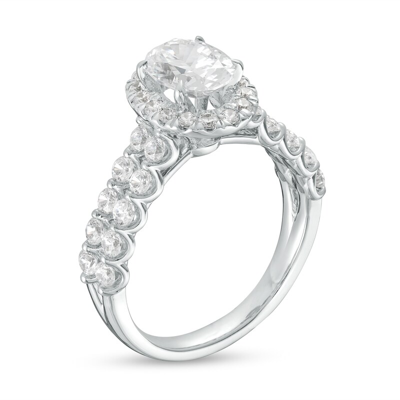 Main Image 3 of Celebration Ideal 2 CT. T.W. Oval Certified Diamond Frame Double Scallop Edge Shank Engagement Ring in 14K White Gold (I/I1)