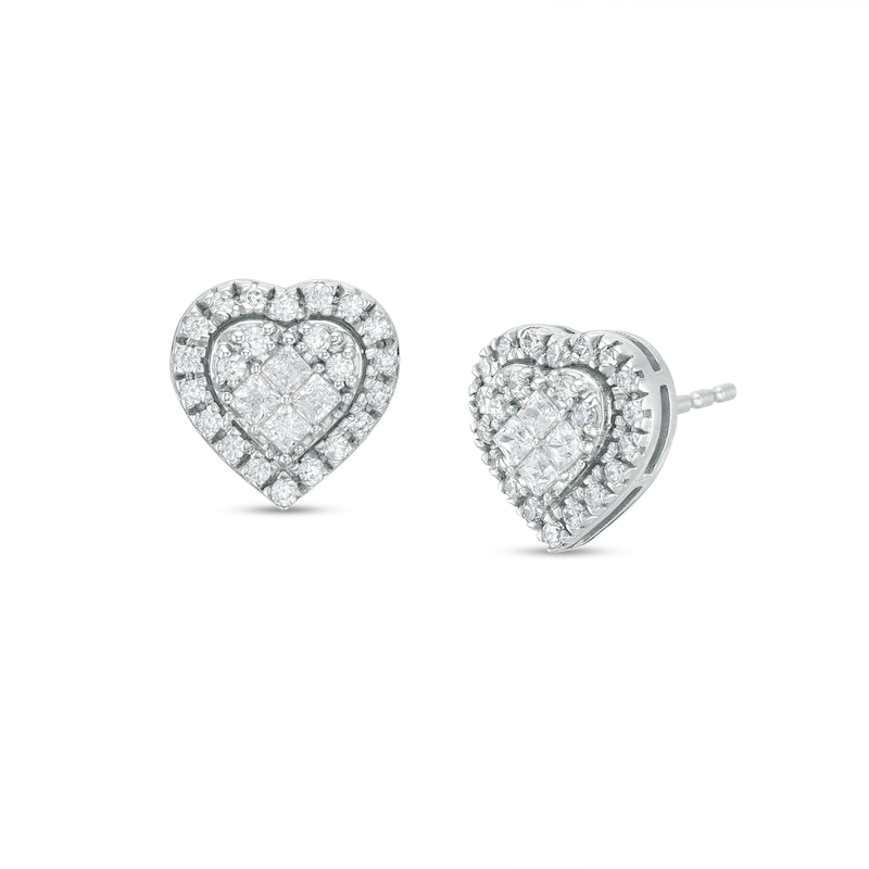 Main Image 1 of 1/2 CT. T.W. Heart-Shaped Multi-Diamond Frame Stud Earrings in 10K White Gold