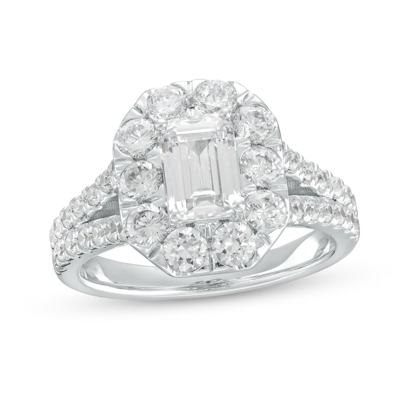 Main Image 1 of 2-1/2 CT. T.W. Certified Emerald-Cut Lab-Created Diamond Frame Split Shank Engagement Ring in 14K White Gold (F/VS2)