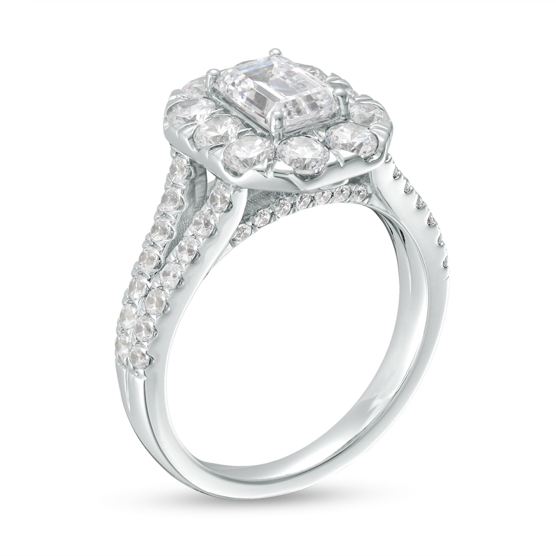 Main Image 3 of 2-1/2 CT. T.W. Certified Emerald-Cut Lab-Created Diamond Frame Split Shank Engagement Ring in 14K White Gold (F/VS2)