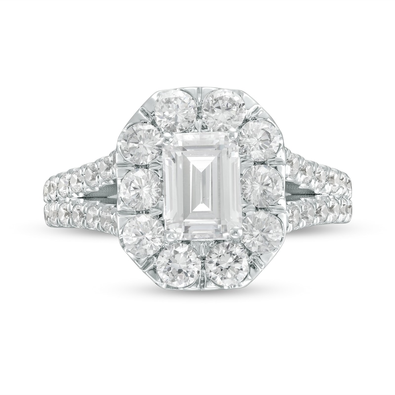 Main Image 4 of 2-1/2 CT. T.W. Certified Emerald-Cut Lab-Created Diamond Frame Split Shank Engagement Ring in 14K White Gold (F/VS2)